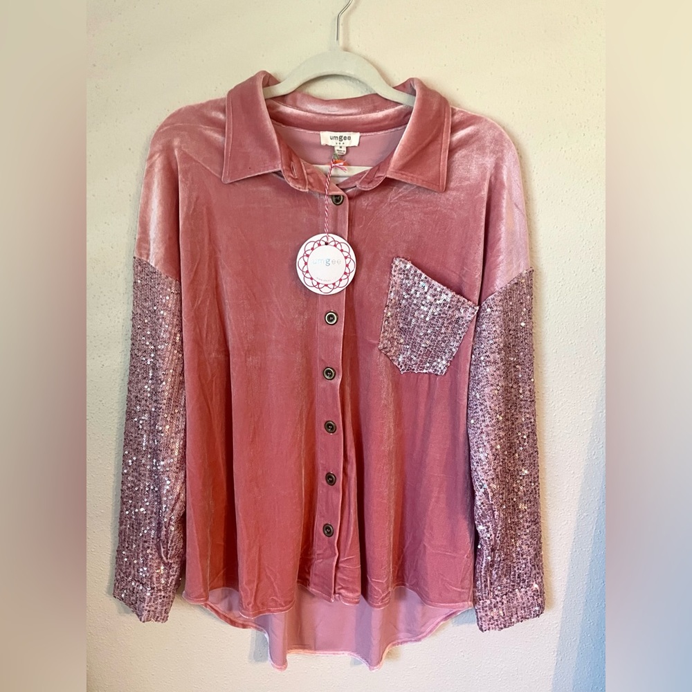 NEW Umgee ROSE QUARTZ velvet sequin button up top blouse Shacket pink